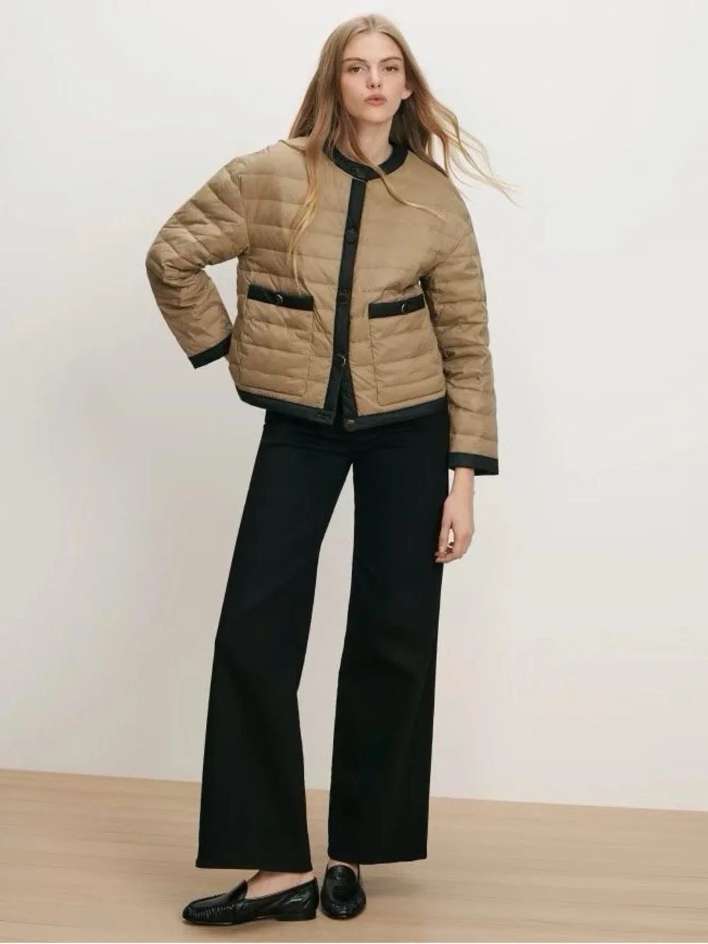 Veronica Beard Pearson Puffer Dickey Jacket Beige Down Collarless, XS S M L